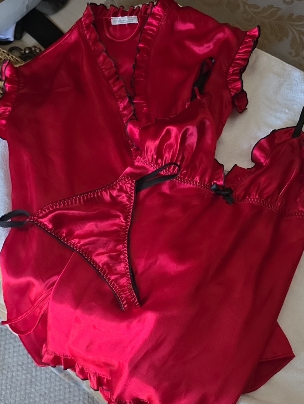 Red Satin Ruffle-Trim Lingerie Set